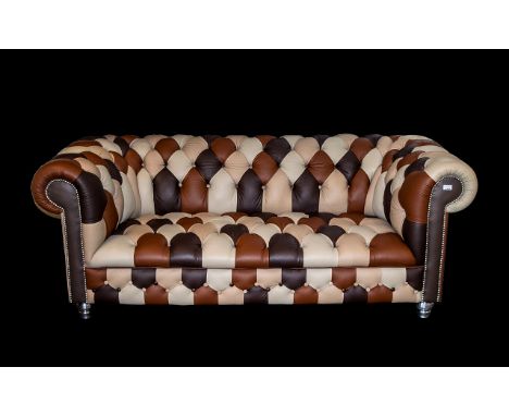 Fine Quality Full Hide ( 3 ) Seater Chesterfield Patchwork Sofa Buttoned Back Seats and Arms, Converted In Scottish Tanned Le