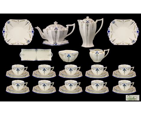 Shelley Fine Quality 1930's 49 Piece Tea / Coffee Service 'Blue Iris' pattern no. 11561. Queen Anne Shape cup, saucer and pla
