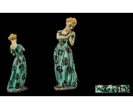 M. Rudes Signed 1940's / 1950's Hand Painted Ceramic Figure - depicting a woman in a long dress - signed M. Rudes to base. 9"