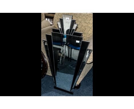 Art Deco Style Mirror.  Vintage style Art Deco wall mirror in fan shape with black and mirrored inserts.  Measures 39'' x 26'