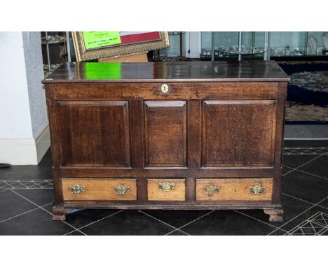 Late 18thC Lancashire Oak Mule Chest Hinged Top With Internal Candle Box, Above A, Panelled Front And Three Drawers. Raised O