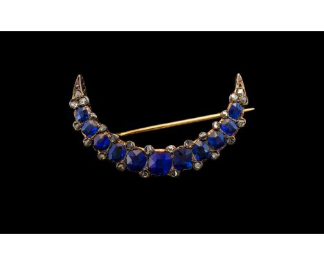 Victorian Period 15ct Gold Sapphire and Rose Cut Diamonds Set Crescent Moon Brooch - not marked but tests gold. Circa 1840-18