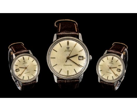 Omega Automatic Seamaster Steel Cased Gents 1970's Wrist Watch - with original omega seamaster leather strap. Omega logo to b