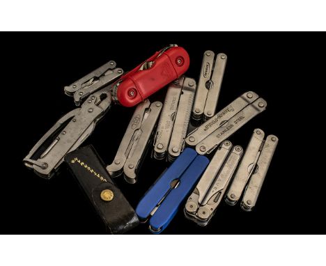 Collection of 11 Stainless Steel Combination Pocket Knives with various functions. Folding pliers attached, various makers. C
