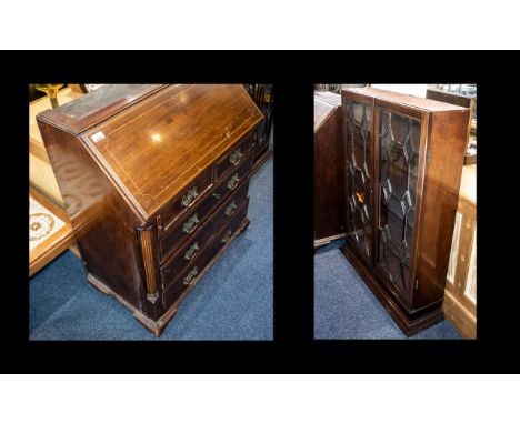 Small Georgian Mahogany Bureau Bookcase with an astral glazed top with dental moulded cornice, fitted interior to the bureau 