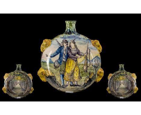 Italian Majolica 19th Nice Quality Hand Painted Rams Head Featured Ceramic Flask circa 1880's. Features male and female hunte