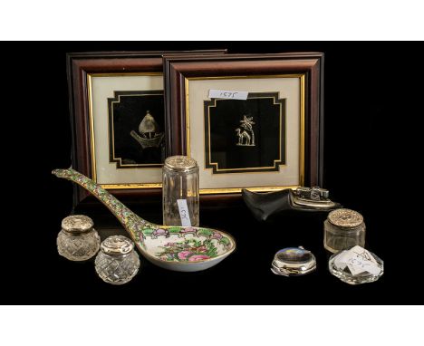 Box of Oddments - shoe cigarette lighter four silver topped glass trinket jam, glass watch, Quartz watch, Chinese spoon, 2 wa