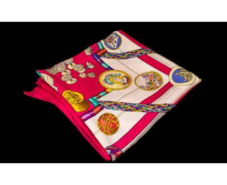 Vintage Hermes Silk Scarf.  marked Hermes, Petite Main by Cathy Latham, marked Latham to scarf. Features sewing items on a pi