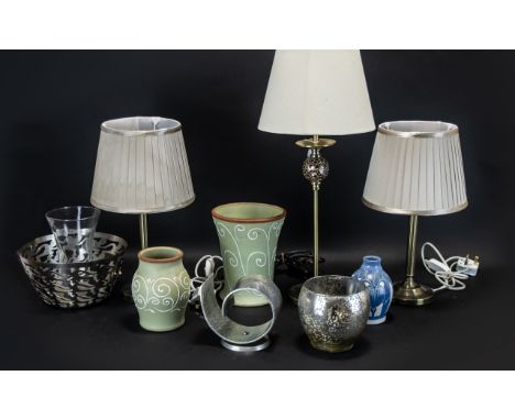 Collection of Lamps &amp; Household Items comprising: a pair of matching bedside lamps with shades; a tall candle based lamp 