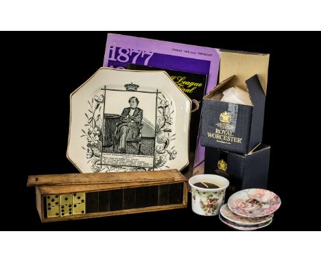 Box of Vintage Collectibles including vintage wooden box of dominoes; three Royal Worcester 'Flower Fairies' collection minia