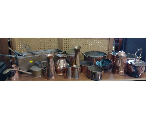 Copperwares including kettle, coffee pot, flagon, jugs, trough tureens, and a Rye church miniature warming pan 