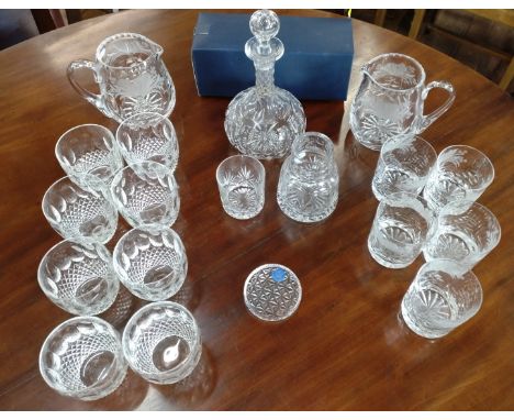 A set of eight Waterford cut glasses 8.5cm high, glass by other makers including Wychbury Crystal (19) 
