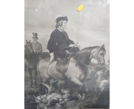 Victorian black ands white print of Queen Victoria hunting stag 