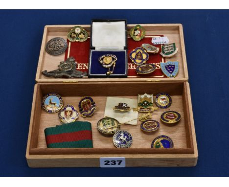 A 9ct gold and blue enamel British Legion pin badge together with various bowling badges etc. (qty)  