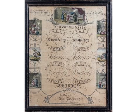A George III school ornamental penmanship drawing from North Petherton School, Somerset, dated XIth December 1809, by E. Burn