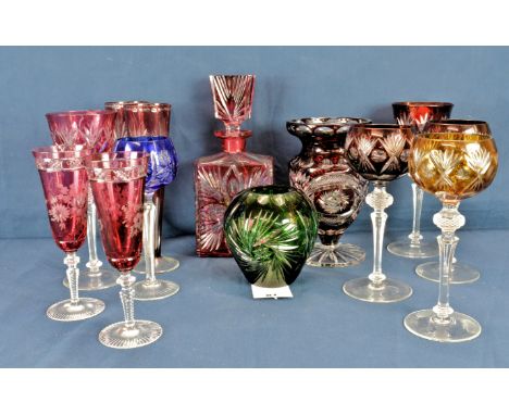 A collection of various Bohemian glass in ruby, amber, blue and green (qty) 