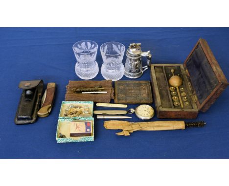 A rummage box of vintage and antique collectables comprising of a nickel plated "Services" Scout pocket watch; lock knife; po