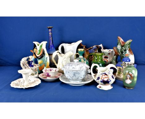 A collection of Victorian &amp; later ceramics etc, Dartmouth pottery gurgle jug, Staffordshire, Royal Worcester, puzzle jug 