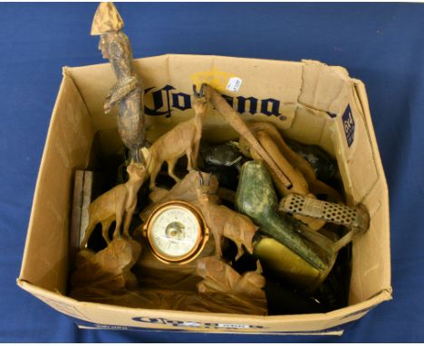 A rummage box of various vintage &amp; antique collectables to include a cast iron dog nutcracker; Black Forest style clock; 