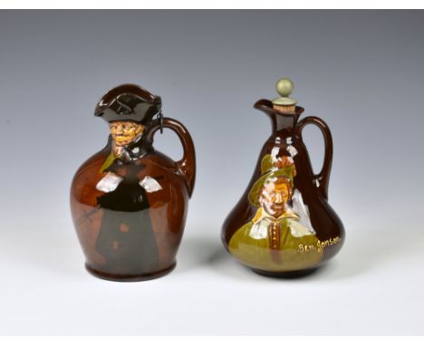 Two Royal Doulton Kingsware whisky flasks / decanters the first depicting the Watchman, made in England, Royal Doulton, mark 