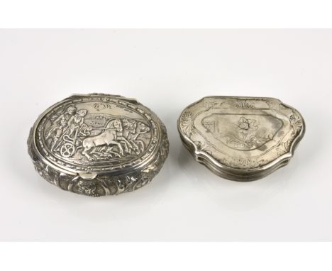 Two Continental silver snuff boxes the first with import marks for Boaz Moses Landeck, Chester 1908, of oval form, with repou