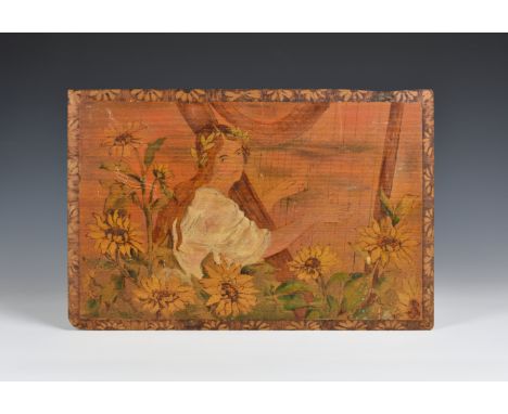 A pokerwork panel 1920s-30s, depicting a female harpist amidst a garden of sunflowers, 18 x 11¾in. (45.75 x 30cm.).  *Conditi