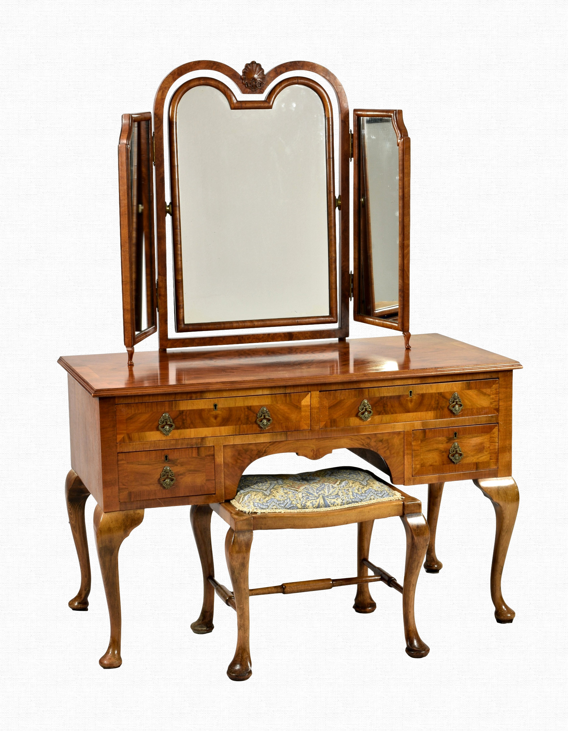 A Queen Anne style burr walnut dressing table 1920s, with triple mirror