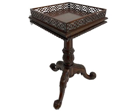 Chippendale design mahogany wine or urn table, square top with raised fretwork gallery over a gadrooned lower edge, fitted wi