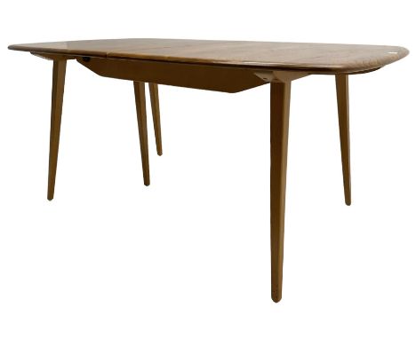 Ercol - light elm and beech 'Slide Leg Expanding Dining Table (444)', rectangular top with rounded corners, raised on tapered