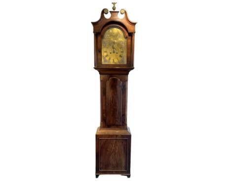 Mahogany - longcase clock with an eight day movement and brass dial, with a swans necked pediment and ball and eagle finial, 