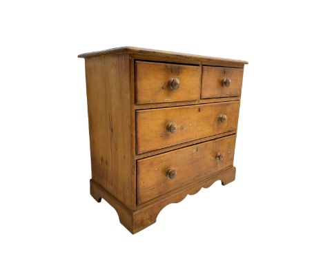 Late 19th century waxed pine chest, rectangular top with moulded edge, fitted with two short over two long graduating drawers
