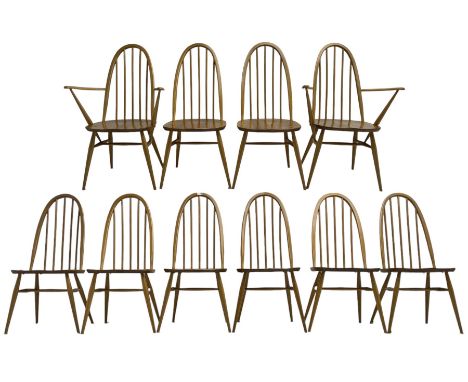 Ercol - light elm and beech set of ten (8+2) 'Quaker Windsor' dining chairs, high hoop and stick back over splayed supports u