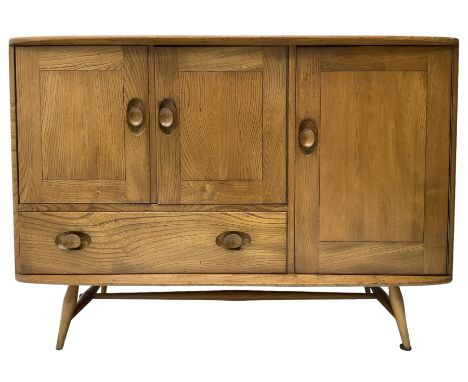 Ercol - mid-20th century light elm 'Windsor (366)' sideboard, fitted with a double cupboard over single drawer, the right-han