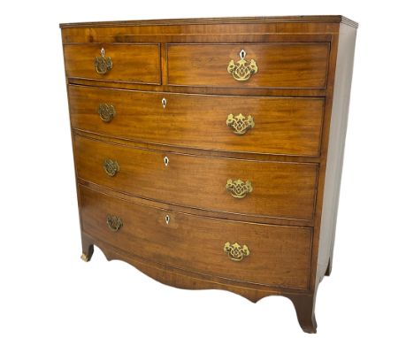 19th century mahogany bow front chest, two short over three long cock-beaded drawers, with bone and ivory lozenge ivory escut