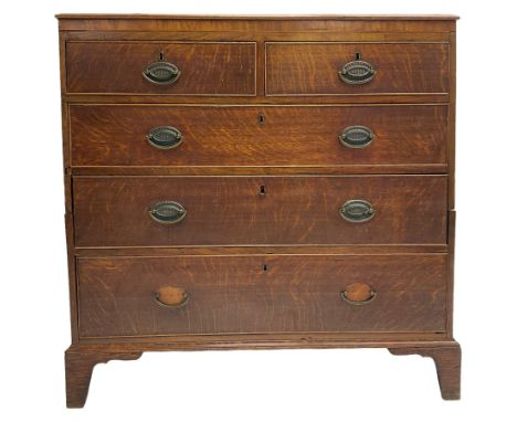 George III oak chest, rectangular top with mahogany crossbanding, fitted with two short and three long cock-beaded drawers, l