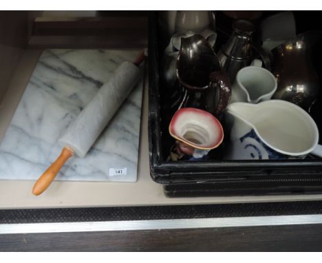 A selection of miscellaneous ceramics and a marble rolling pin and chopping board