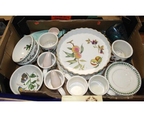 Two boxes of various glassware and ceramics to include Royal Worcester Evesham and Portmeirion Botanic Garden