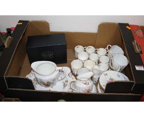 A Royal Crown Derby Derby Posies pattern part tea and coffee service; together with a boxed pair of Stuart Crystal brandy gla