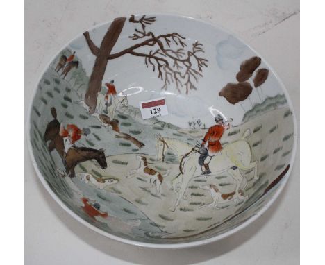 A Chinese export porcelain bowl enamel decorated with an English hunting scene, marked China Trader verso, dia.25.5cm