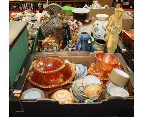 Two boxes containing a collection of glassware and ceramics to include carnival glass, Japanese eggshell tea service, cottage