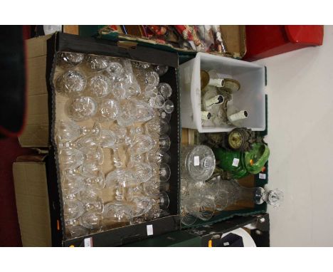 Two boxes of miscellaneous items, to include a suite of drinking glasses, decanter, mantel clock, and a green glazed teapot 