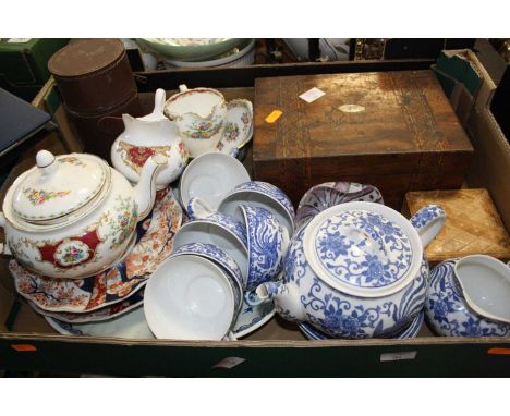 Two boxes of miscellaneous items to include a Victorian Tunbridge inlaid walnut box, brass lantern type clock, Noritake part 