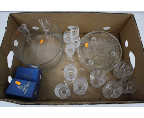 A box of glassware and ceramics to include drinking glasses, whisky tumblers, and Royal Worcester