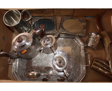 A box of miscellaneous metalware, to include a 20th century silver plated three-piece tea service on tray, crumb scoop, pocke