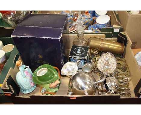 A box of various ceramics and metalware, to include a Royal Worcester porcelain figure of Charity, horsebrasses etc 