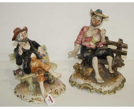 A Capo di Monte figure of a man seated on a bench, height 26cm, together with another similar