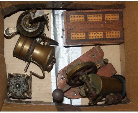 A box of miscellaneous items, to include glass inkwell, whist set etc 