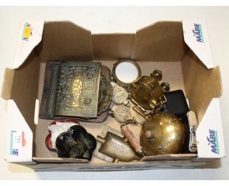 A box containing a collection of miscellaneous items to include a brass sextant, pair of Chinese resin snuff bottles, and a h