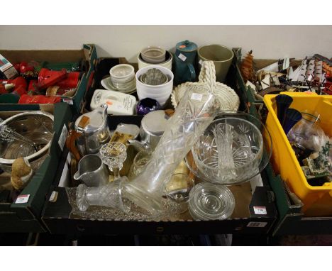 Two boxes of various glassware, ceramics and metalware, to include a piquetware tea service