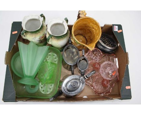 A box of various glassware and ceramics to include a Wade relief moulded jug, 1930s coloured glassware, and a silver plated t